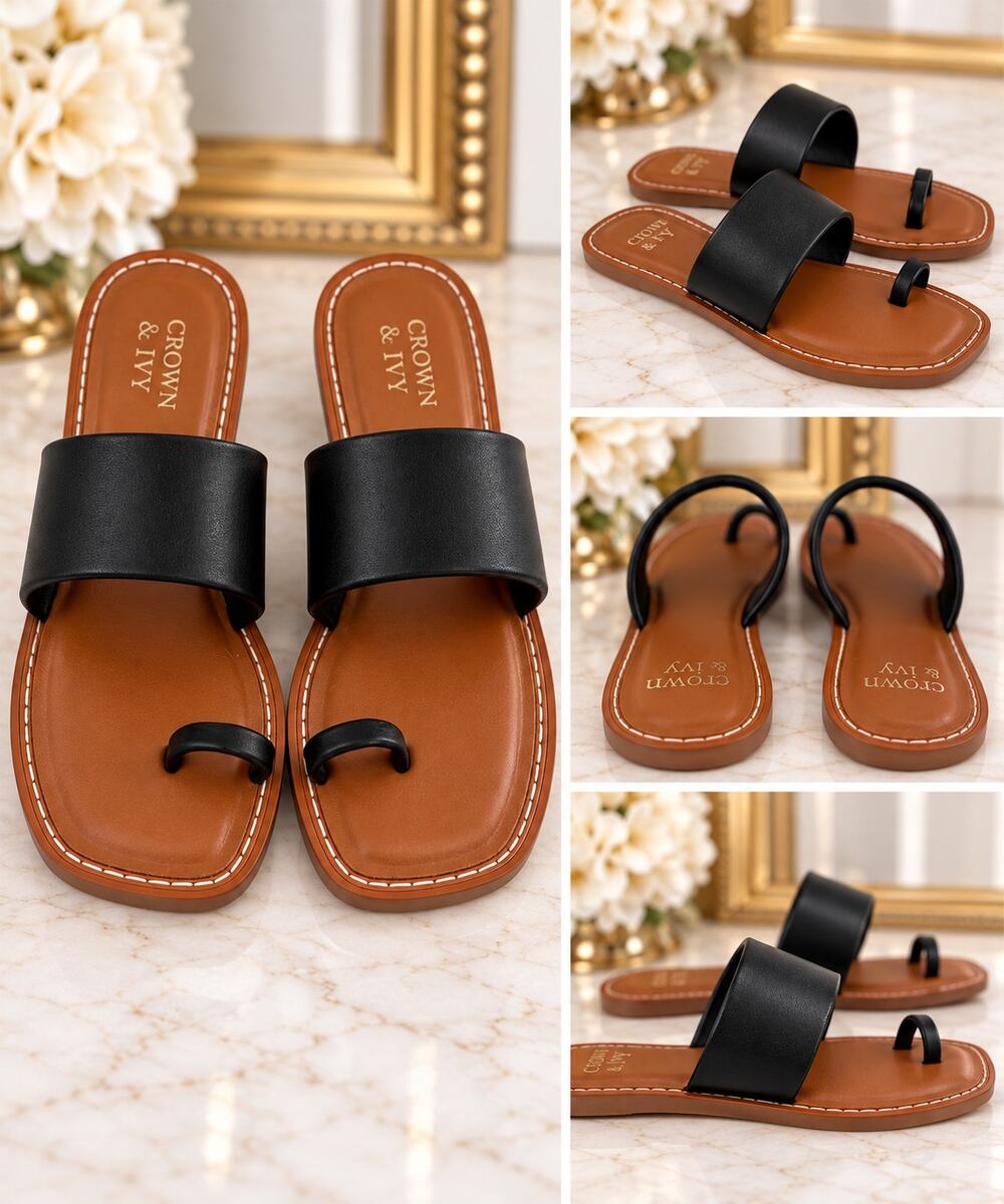 Crown & Ivy Women's Black Toe Ring Slide Sandals Cognac Brown Size 6.5